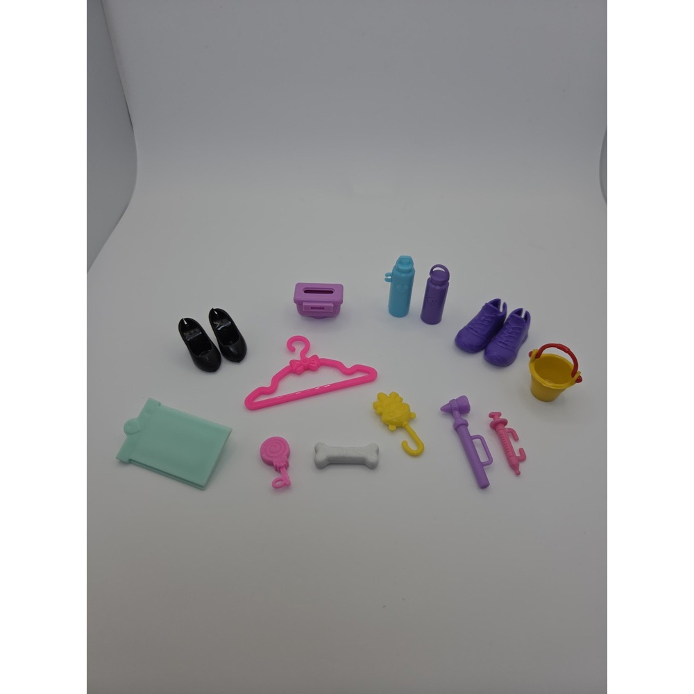 Barbie Accessories Lot Mixed Shoes Medical Pet Care Hanger Water Bottles 14pc